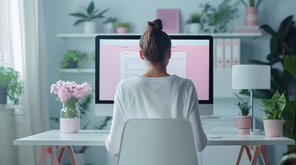 young woman sitting at a desk in a home office environment in minimalist well-lit room, facing away from the camera, working on a computer, which display pink-themed web pages