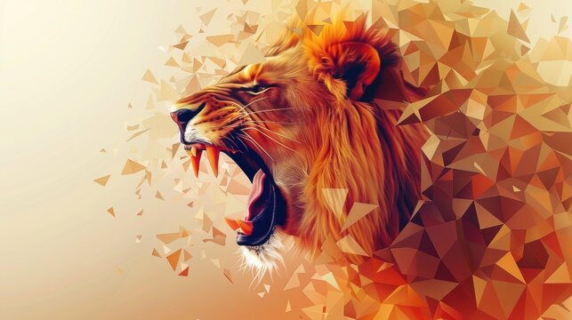 A low polygon illustration showcasing an exploding geometric pattern of a lion.