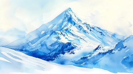 A watercolor painting of a snow-capped mountain. The mountain is in the distance, with a blue sky and clouds behind it. The foreground is a snowy slope.
