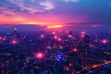 futuristic cityscape at twilight with glowing digital data lines overlaying the city