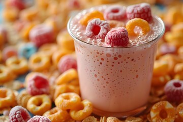 Refreshing Raspberry Smoothie Among Crunchy Cereal Rings