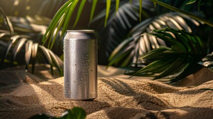 Mockup aluminum can with droplets of condensate on the background of sand, tropical leaves, blue sky and sea