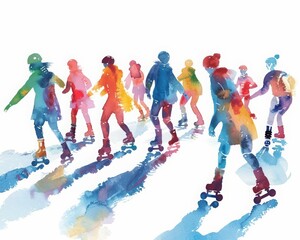 Fototapeta premium A group of people roller skating in a watercolor painting.
