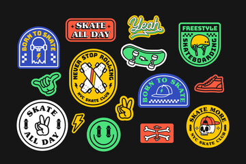 Set of vector skateboard badges, including lightning, peace hand sign, hat, shoes, skull, hat, helmet and skateboard.  © cddesign.co