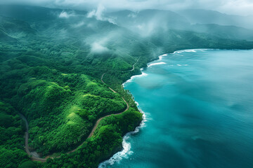 aerial view of the island of hawaii, winding coastline with lush greenery, blue ocean on one side and dense forest on the other