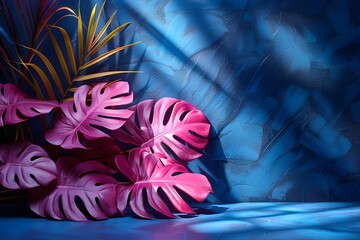 Vibrant Tropical Leaves on Textured Blue Background