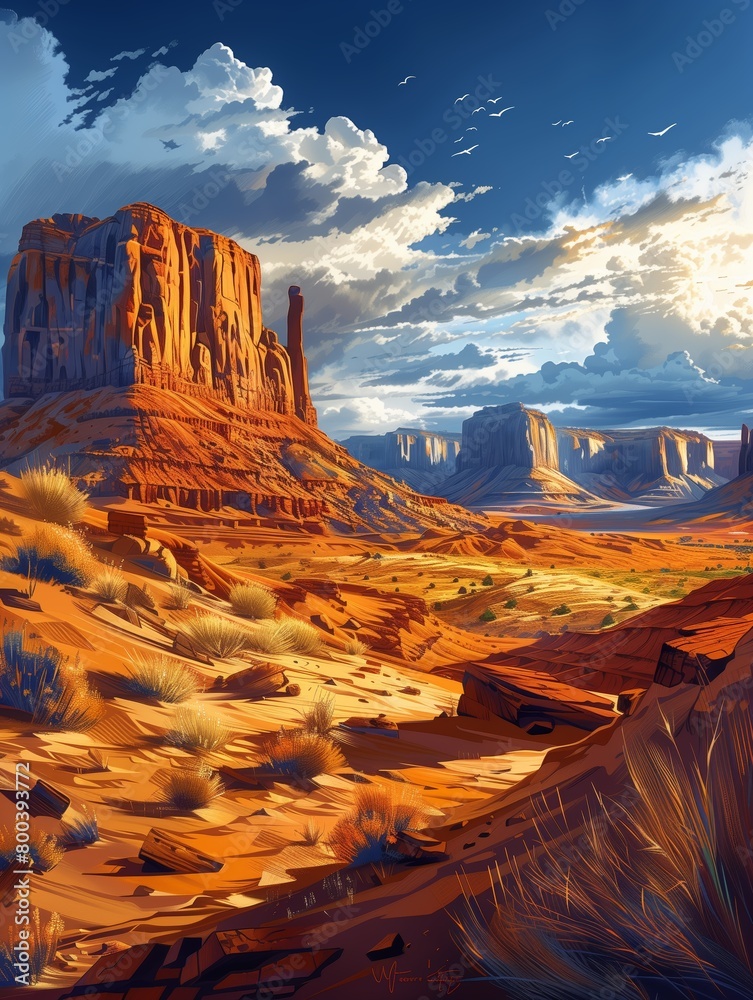 Wall mural Monument valley - landscape illustration, acrylic painting