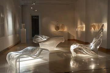 Subdued lighting accentuates the contours of avant-garde furniture pieces in a gallery. - obrazy, fototapety, plakaty