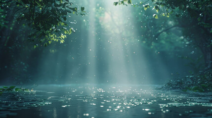 A forest with a stream of water and sunlight shining through the trees