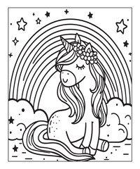 unicorn with rainbow coloring page for kids. black and white vector illustration for coloring book, Generative AI