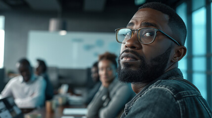 a side closeup of an african man in a meeting. A group African  individuals in a modern office setting engaging in a business team project orientation