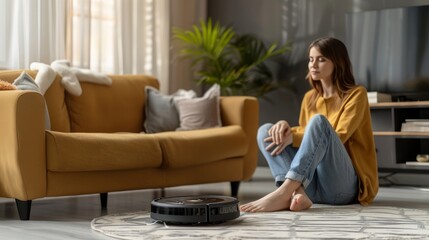 Obraz premium A modern robot vacuum cleaner positioned near a sofa with a woman resting in the room, illustrating its convenience in household cleaning.