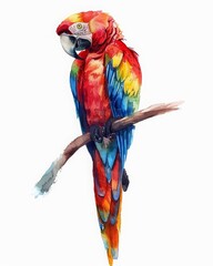 A watercolor painting of a parrot, with vibrant red, blue, and yellow feathers.