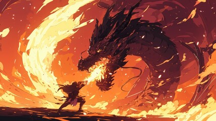A person bravely stands in front of a fire breathing dragon, showing courage and determination