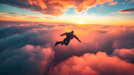 A skydiver freefalling through the clouds with a vibrant sunset in the background. Epic shot.


