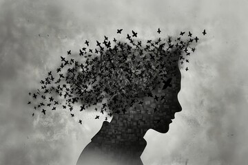 Conceptual black and white silhouette man birds mind overwhelmed mental - obrazy, fototapety, plakaty