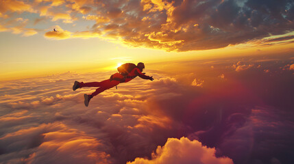 A skydiver freefalling through the clouds with a vibrant sunset in the background. Epic shot.


