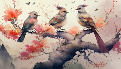 Exotic, colorful birds sitting on a tree covered with colorful flowers. Shades of red, burgundy. Wallpaper, graphics