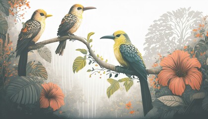 Egzotyczne ptaki na kwitnących gałęziach drzew. W tle las deszczowy. Tapeta, tło