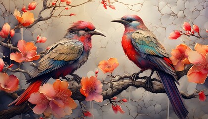 Egzotyczne, kolorowe ptaki siedzące na drzewie pokrytym kolorowymi kwiatami. Odcienie czerwieni, bordo. Tapeta, grafika - obrazy, fototapety, plakaty