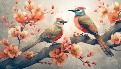 Exotic, colorful birds sitting on a tree covered with colorful flowers. Shades of red, burgundy. Wallpaper, graphics