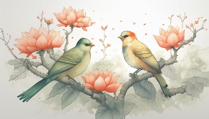 Egzotyczne ptaki na kwitnących gałęziach drzew. W tle las deszczowy. Tapeta, tło - obrazy, fototapety, plakaty