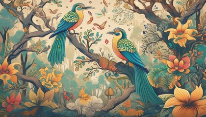 Egzotyczne ptaki na kwitnących gałęziach drzew. W tle las deszczowy. Tapeta, tło