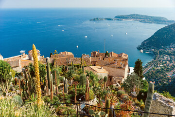 An exotic cactus garden on top of the medieval village of Eze in the south of France, French Riviera.