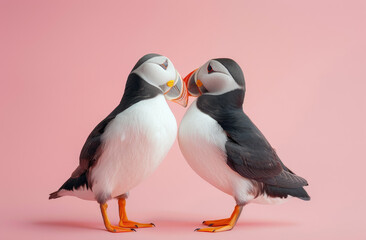 Two puffins face each other, touching beaks in a romantic display of affection on the arctic coast