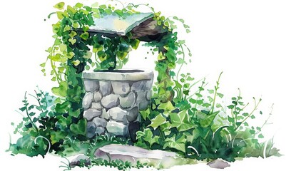 A beautiful watercolor painting of a stone well