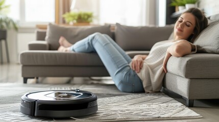 A modern robot vacuum cleaner positioned near a sofa with a woman resting in the room, illustrating its convenience in household cleaning.