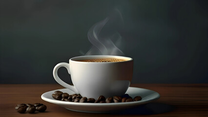 A cup of steaming black coffee on a saucer with roasted coffee beans