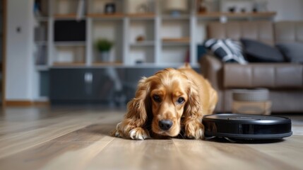 A pet-friendly smart vacuum cleaner shown alongside a cute golden cocker spaniel puppy dog, emphasizing smart technology for cleaning homes with pets.