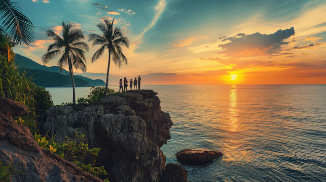 A serene sunset at a tropical beach with sky ablaze with warm hues of orange and yellow, seamlessly transitioning into the cool blues of twilight as night approaches.