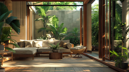 Fototapeta premium Living room in warm colors filled with sunlight and green plants. Generative AI