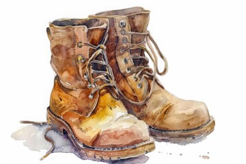 A watercolor painting of a pair of old, worn-out boots