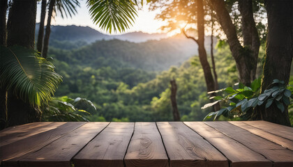 Wooden table top on blur green forest background with sun light.