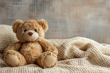 Adorable Teddy Bear Sitting Comfortably on Soft Textured Blanket