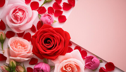 Valentines day background with pink rose and paper card, top view