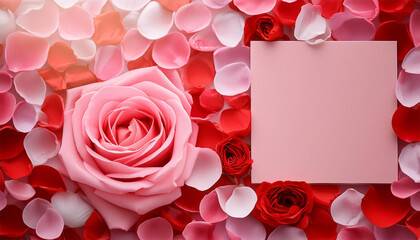 Valentines day background with pink rose and paper card, top view