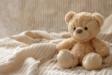 Cute Teddy Bear Sitting on a Soft Bed Comforter