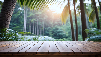 Wooden table top on blur green forest background with sun light.