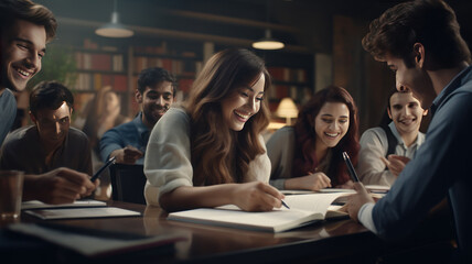 students collaboratively working on homework together, wearing joyful smiles on their faces