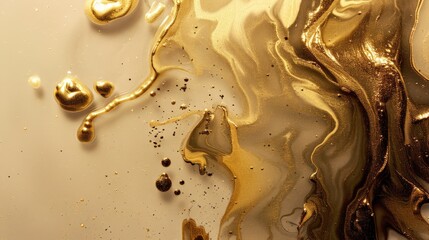 Abstract luxury golden liquid formation with intricate swirls and droplets, creating a mesmerizing and luminous background.