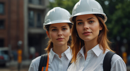Businesswomen Wearing Hard Hats. The concept of productive, working women.