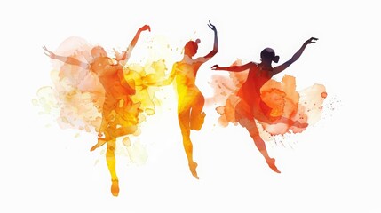 Create a watercolor painting of three graceful ballerinas leaping through the air