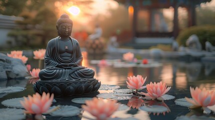 Buddhist Temple Garden Serenity, generative ai