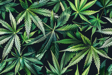 Repeatable Pattern of a variety of green cannabis leaves are densely scattered across a dark background - obrazy, fototapety, plakaty