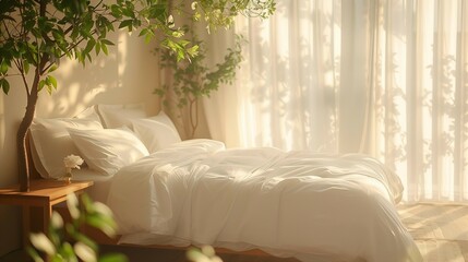 Crisp White Linen and Leafy Plant in Minimalist Bedroom, generative ai