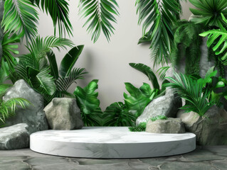 Contemporary White Podium Stage Rack front view focus with Green Stone and Tropical Leaves Background